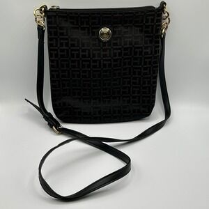 Tommy Hilfiger Black Brown‎ TH Monogram Adjustable Strap Crossbody Bag Purse